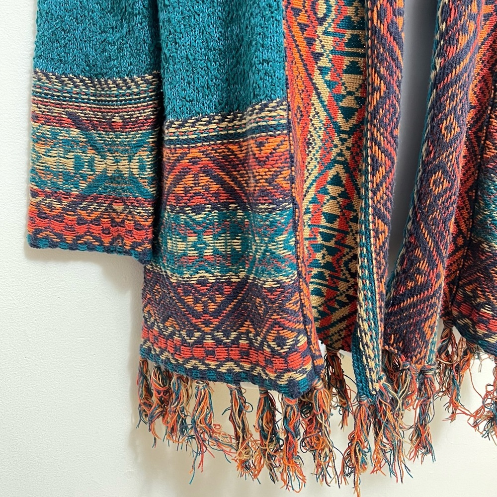 Ruby Rd. Teal Open-Front Cardigan with Multicolor Aztec Trim - Picture 2 of 8